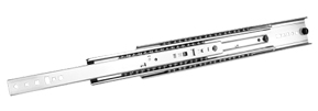 7957 – Full extension, dual mounting capability, side mount load capacity up to 350 lbs. (159 kg) per pair, flat mount load capacity up to 150 lbs. (68 kg) per pair, lever disconnect, bridged ball retainer prevents retainer migration.